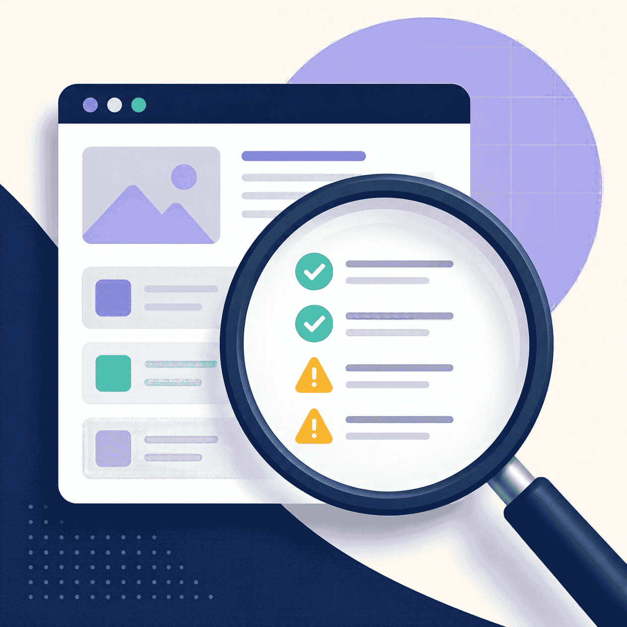 Illustration of a magnifying glass checking a website, with passed checks and flagged items