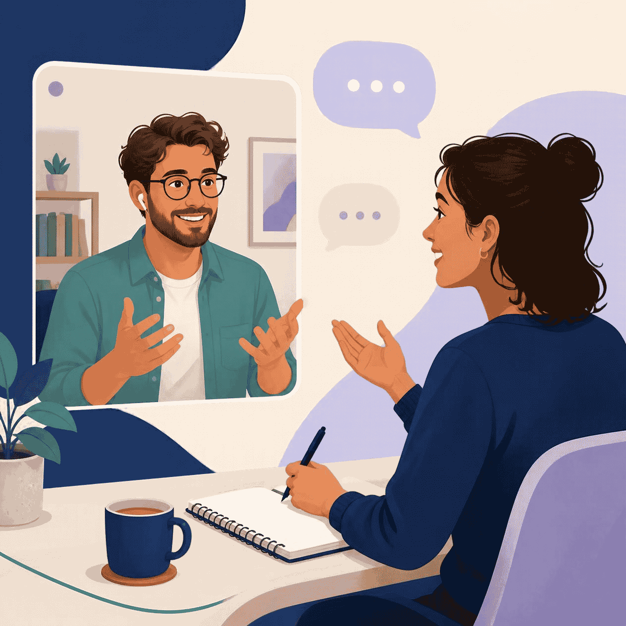 Illustration of a video discovery call between a business owner and a marketer